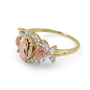 Side view of a two-tone gold Virgin Mary ring with marquise CZ butterfly accents.