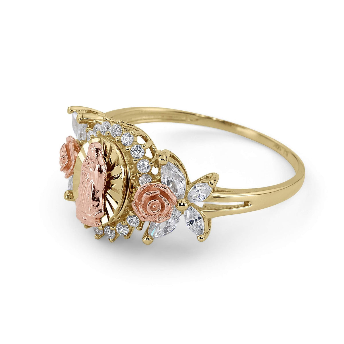 Side view of a two-tone gold Virgin Mary ring with marquise CZ butterfly accents.