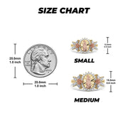 Size chart comparing small and medium tricolor Virgin Mary rings to a US quarter.