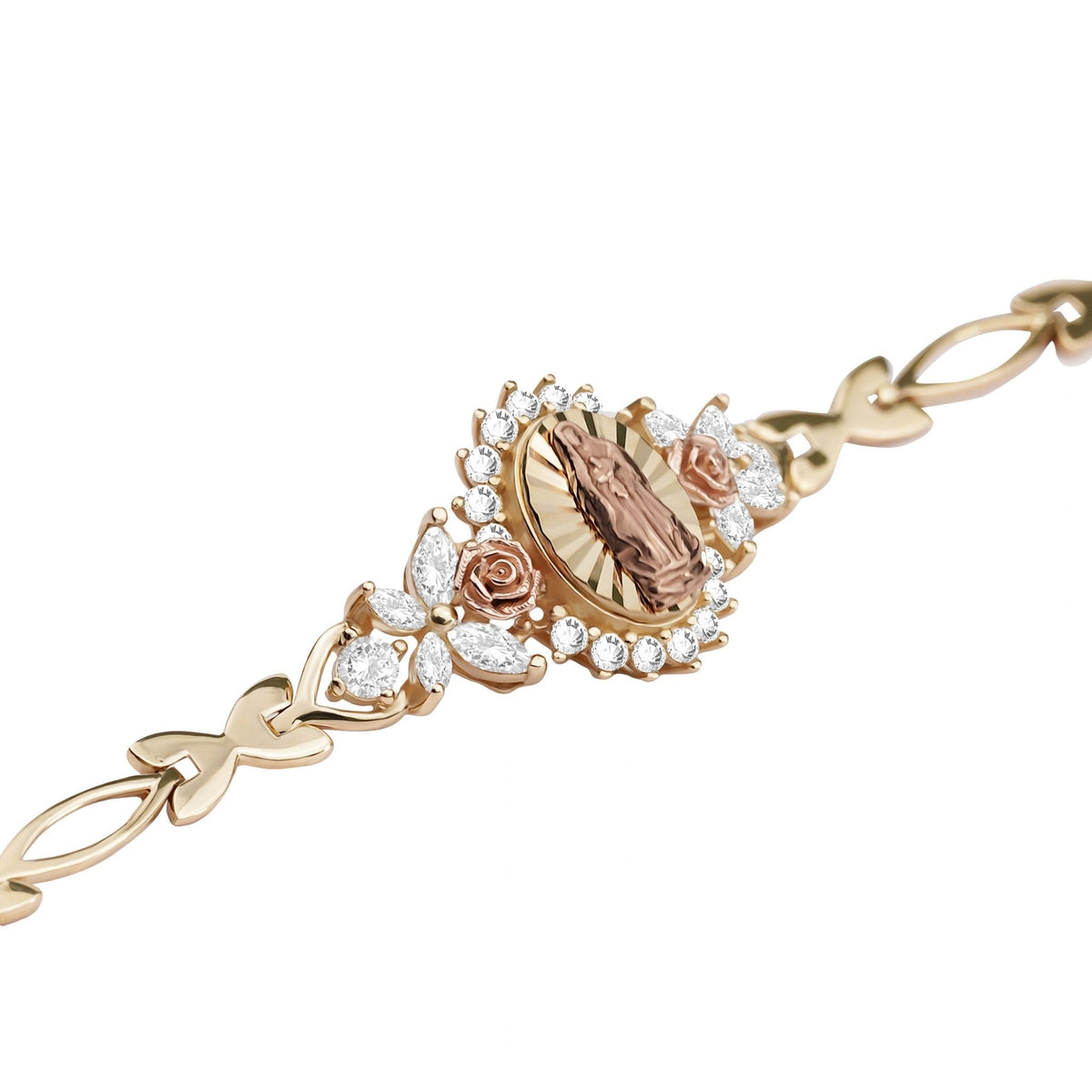Close-up of a two-tone gold Guadalupe bracelet with CZ stones and rose gold accents.