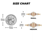 Size chart showing small and medium Guadalupe bracelet medallion measurements next to a quarter