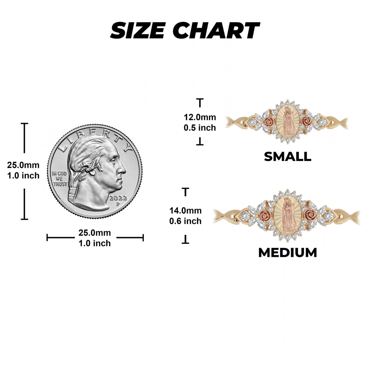 Size chart showing small and medium Guadalupe bracelet medallion measurements next to a quarter