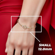 Model wearing a small 12.0mm gold Virgin Mary Guadalupe bracelet with text overlay.