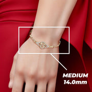 Model wearing a medium 14.0mm gold Virgin Mary Guadalupe bracelet with text overlay.