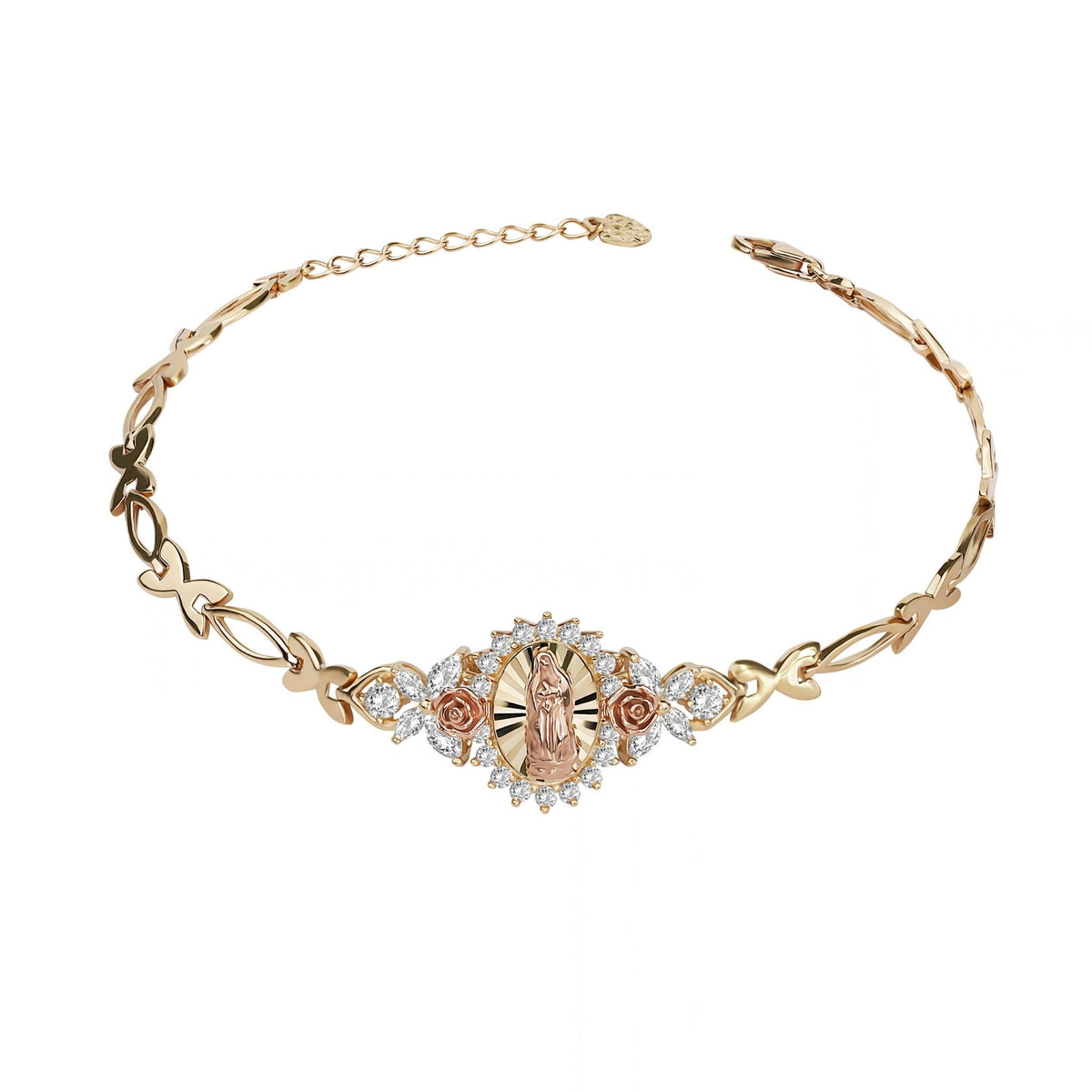Two-tone gold Guadalupe bracelet featuring a central rose gold Virgin Mary medallion