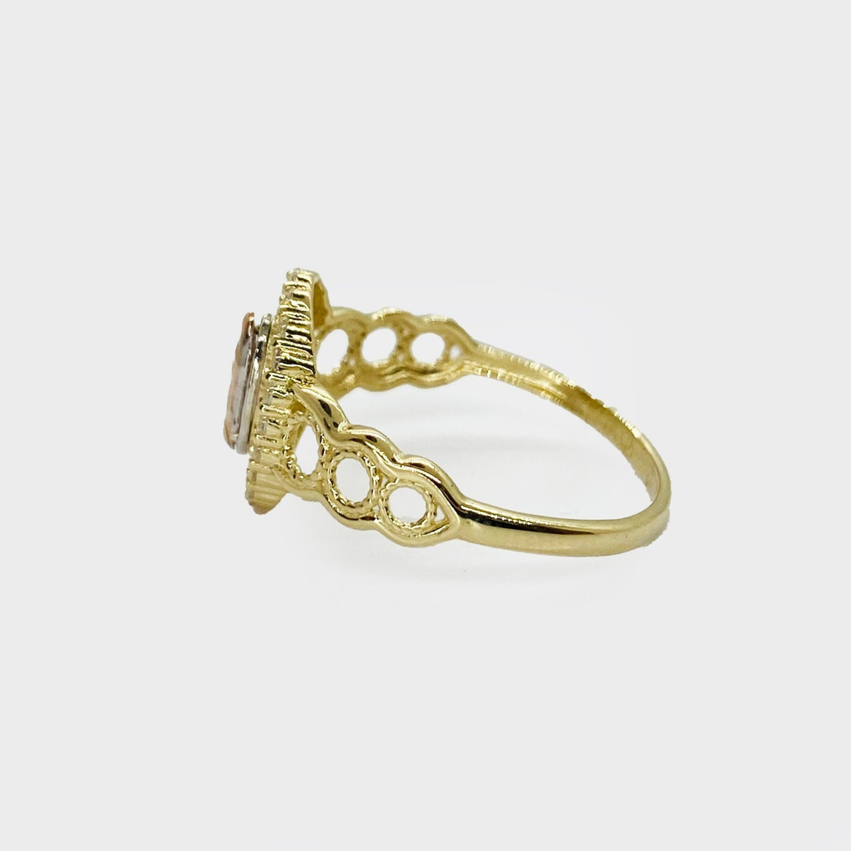 10k - 14k Gold ring with Virgin Mary Tri-color Oval design side view