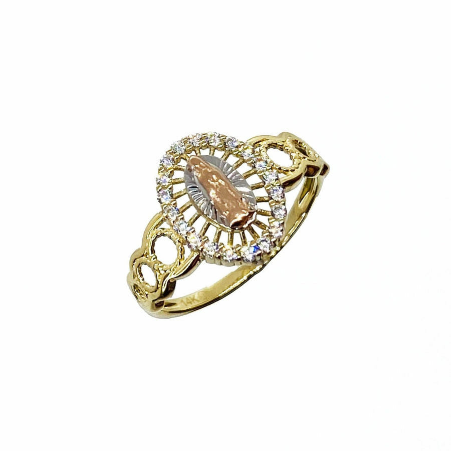 10k & 14k Gold Halo Virgin Mary Tri-colors ring front view on a white background