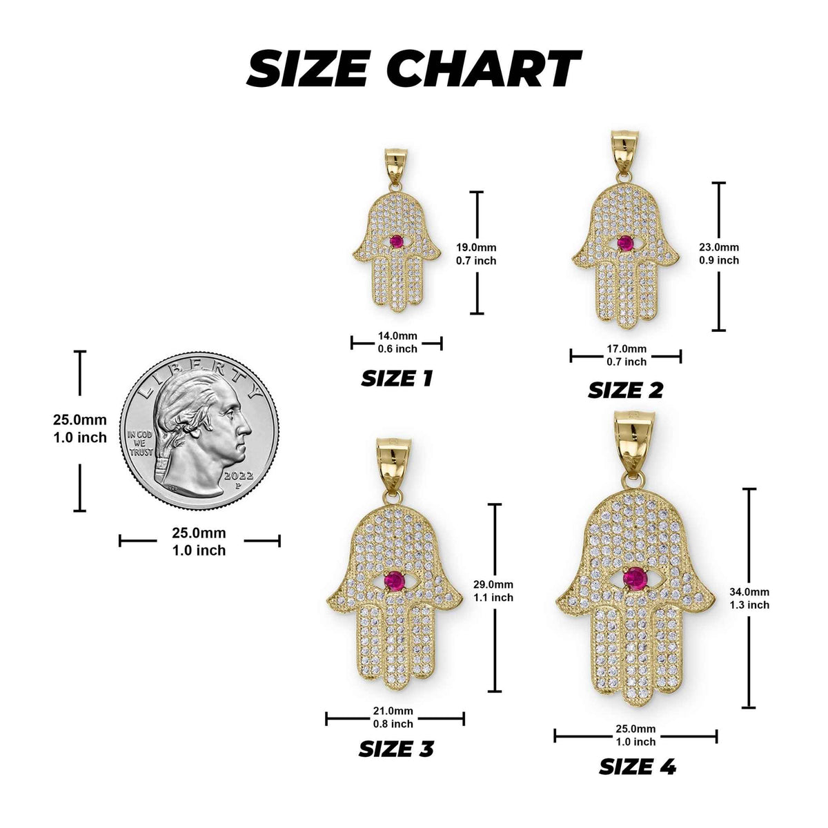 Size chart graphic showing four gold Hamsa hand pendant options with dimension measurements.