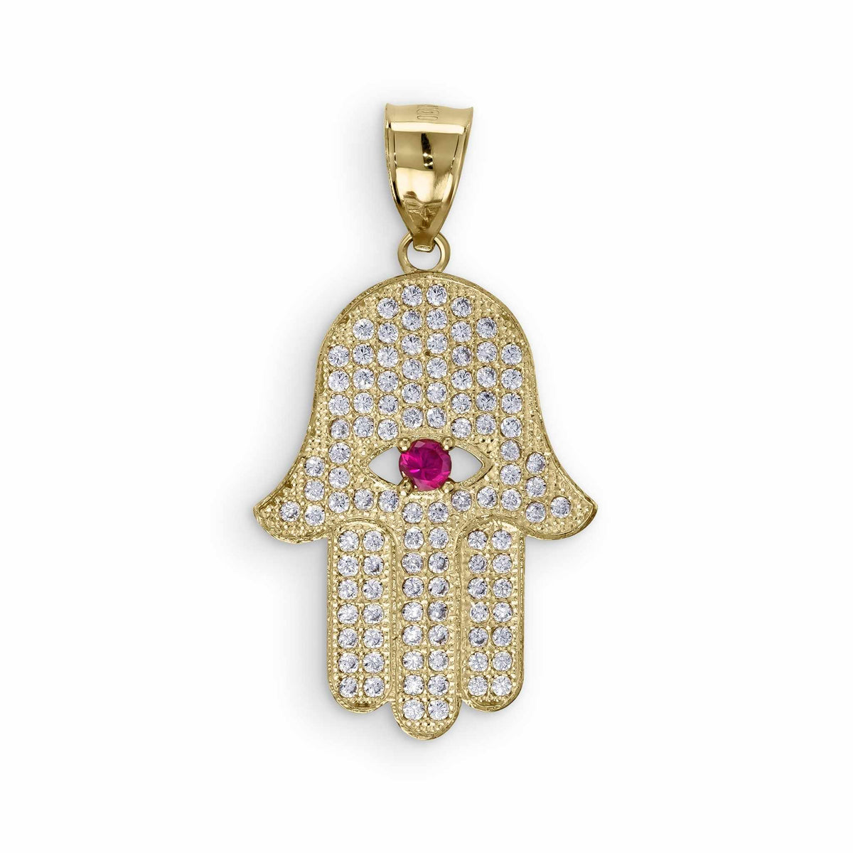 A gold Hamsa hand pendant covered in sparkling cubic zirconia stones with a central pink gemstone.