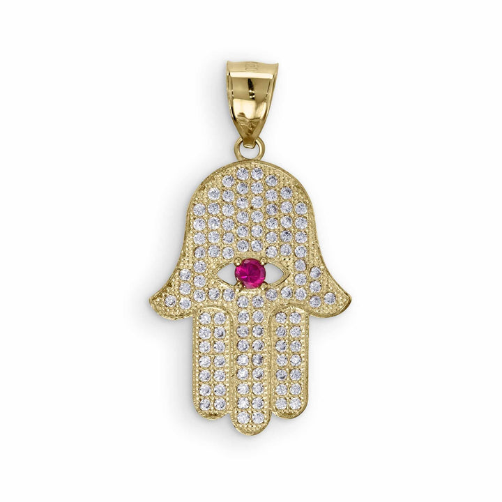 A gold Hamsa hand pendant covered in sparkling cubic zirconia stones with a central pink gemstone.
