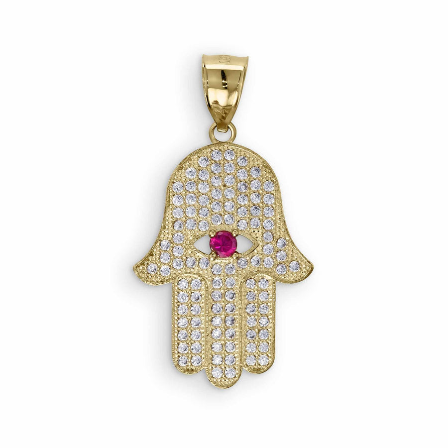 A gold Hamsa hand pendant covered in sparkling cubic zirconia stones with a central pink gemstone.