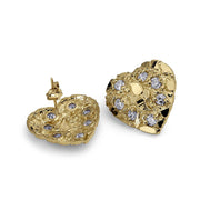 Front and back view of gold heart nugget stud earrings with cubic zirconia.