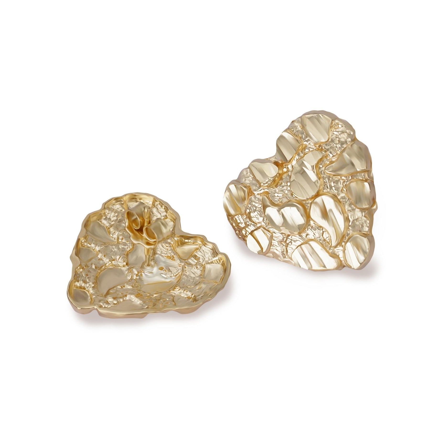 10k and 14k gold heart nugget stud earrings, front and side views.