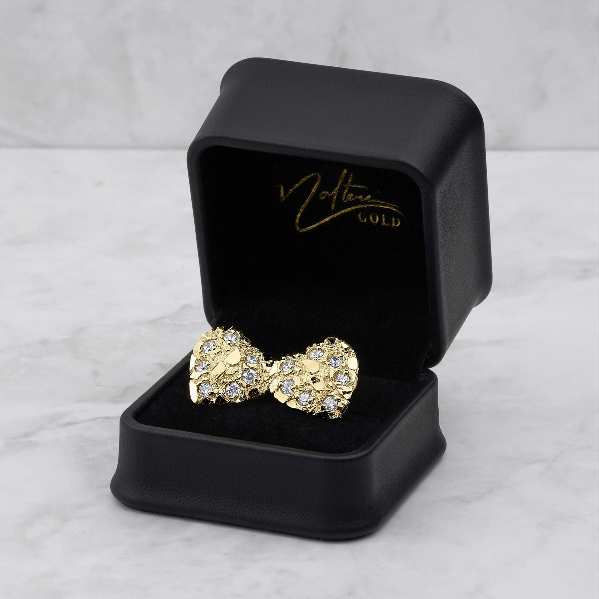 10k and 14k gold heart nugget CZ stud earrings displayed in a black jewelry box.