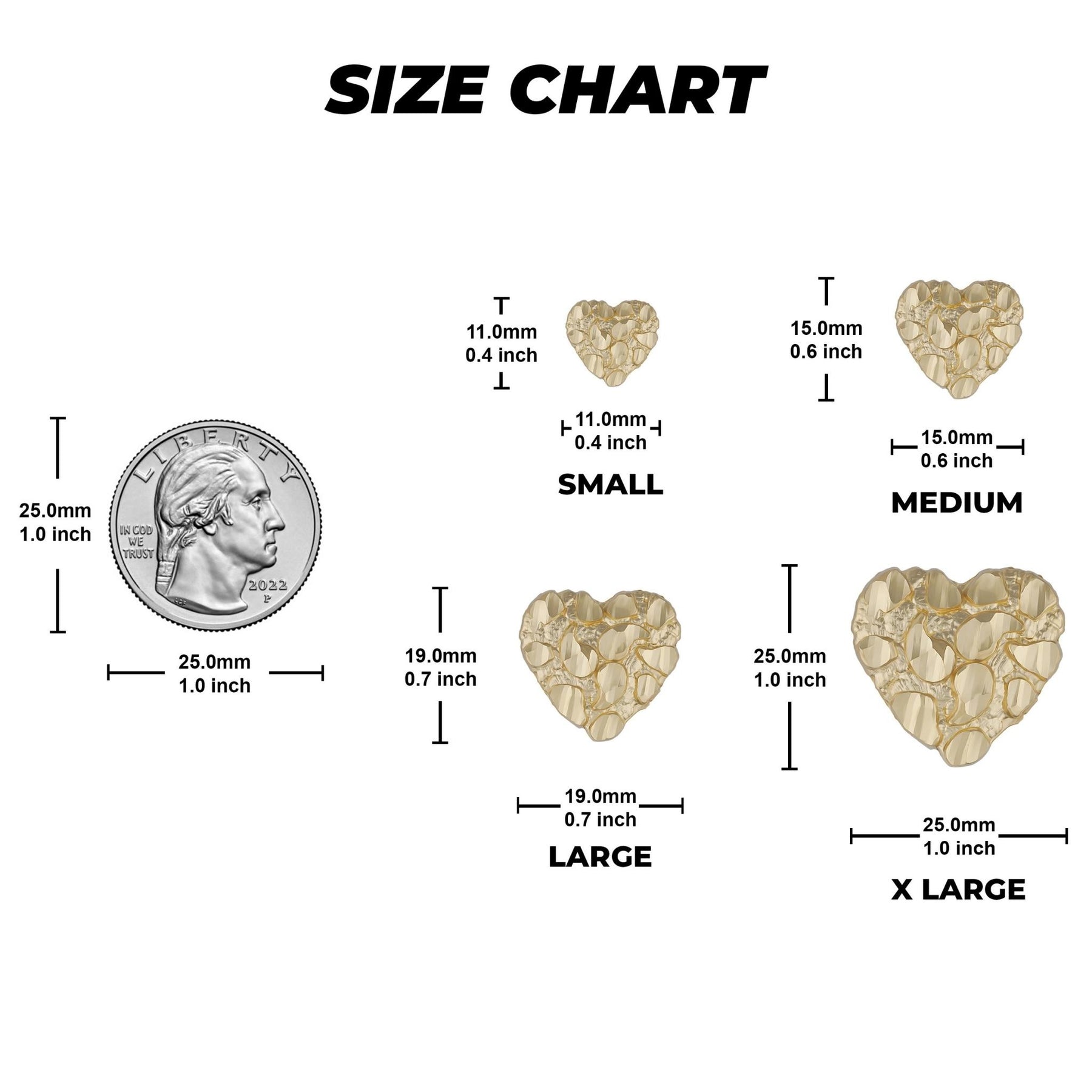Size chart for gold heart nugget stud earrings comparing four sizes against a coin.