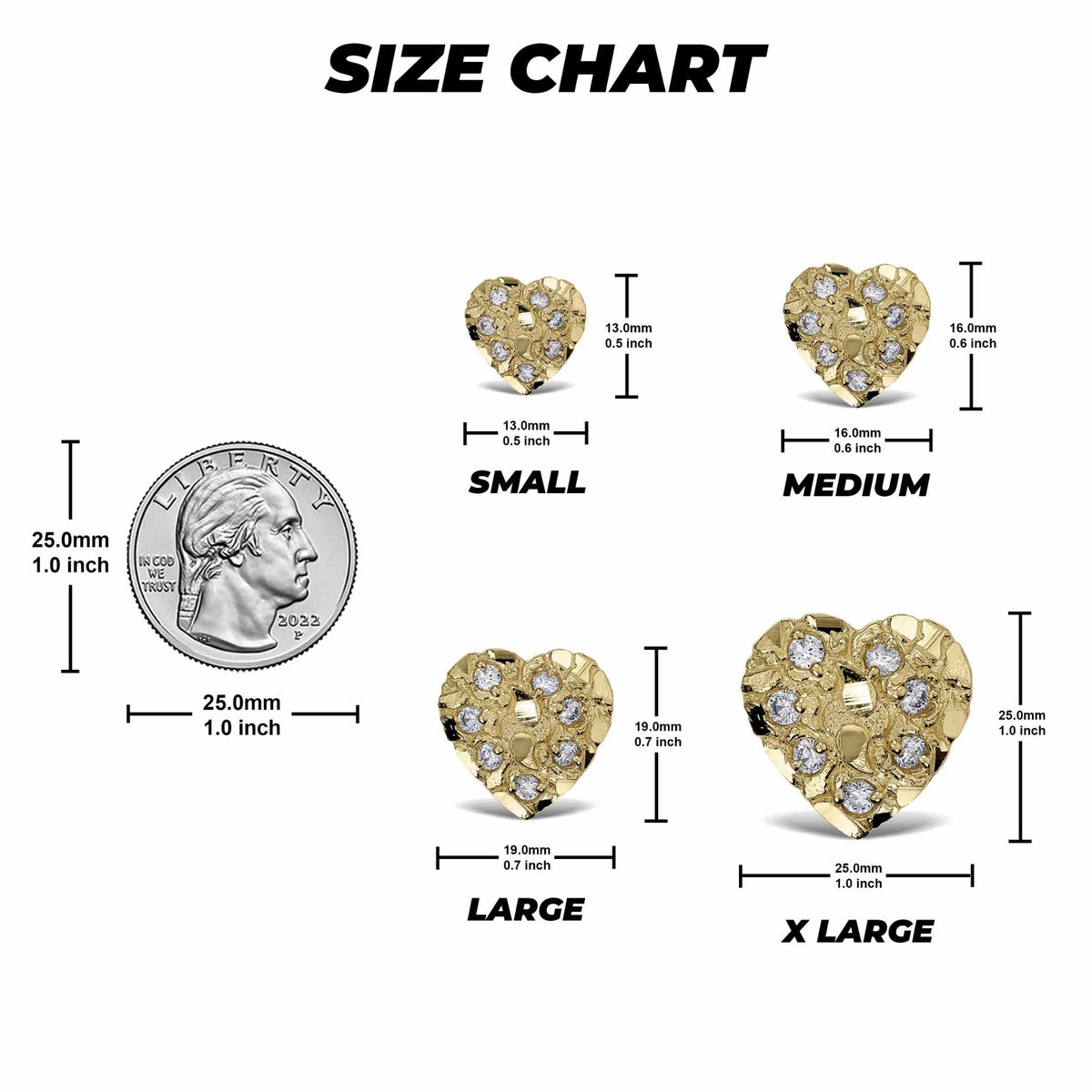 Size guide comparing small, medium, large, and extra-large heart nugget stud earrings to a quarter.