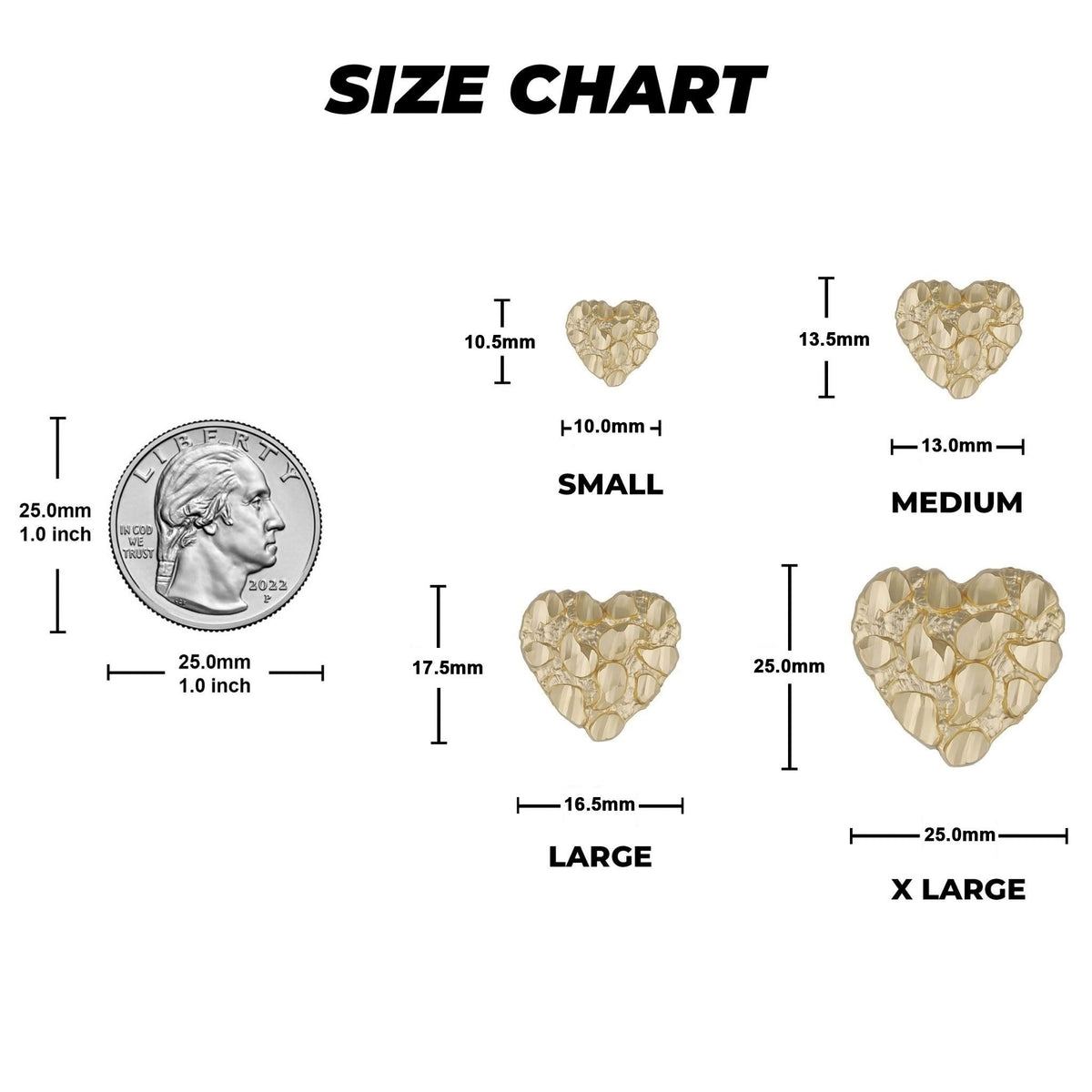 Size chart graphic showing heart-shaped jewelry pieces in small, medium, large, and x-large sizes with measurements in millimeters and a coin for scale, under the heading 'SIZE CHART'.