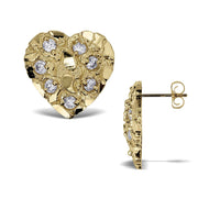 Front and side profile view of gold heart nugget stud earrings with cubic zirconia.
