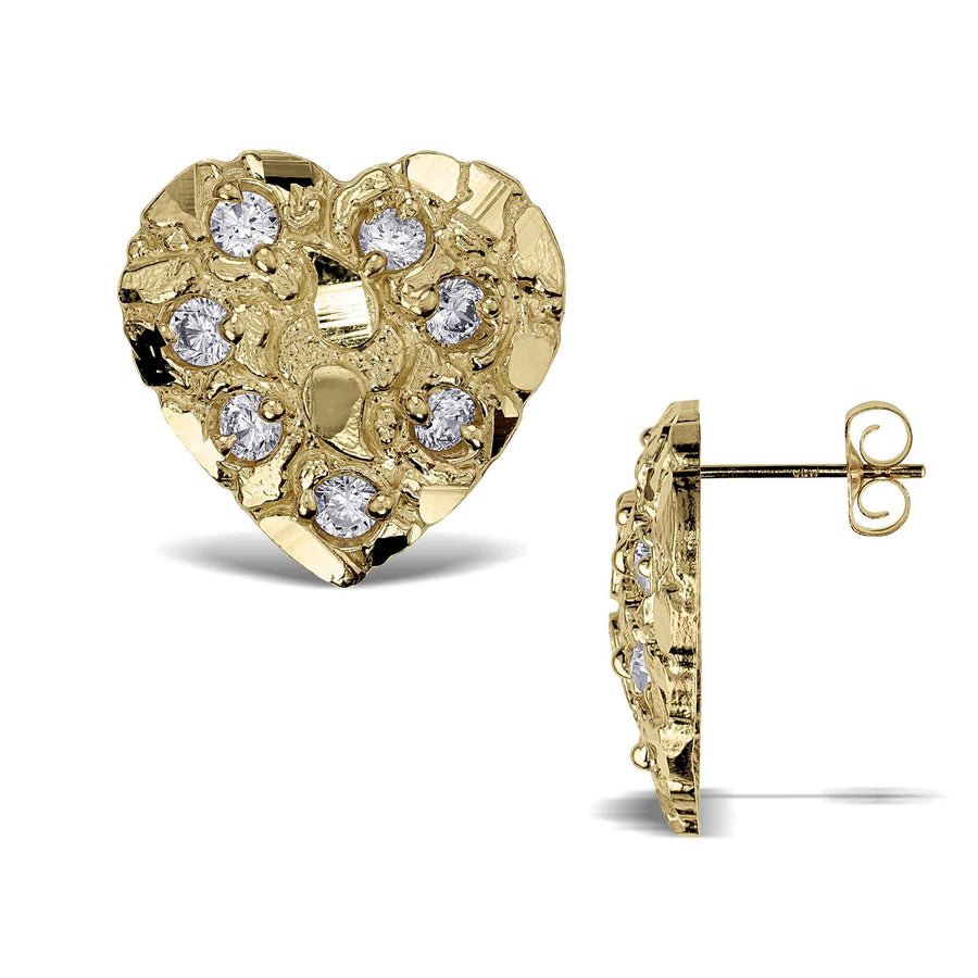 Front and side profile view of gold heart nugget stud earrings with cubic zirconia.