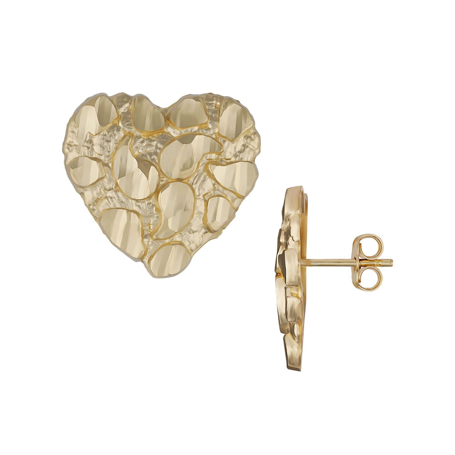 10k and 14k gold heart nugget stud earrings, front and side views.