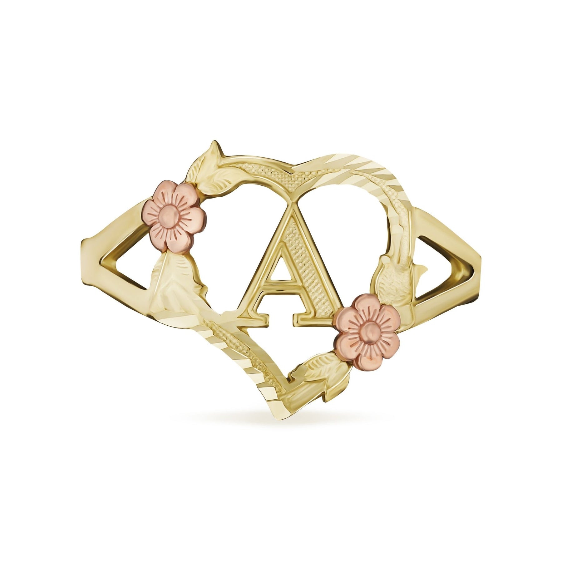 10k yellow gold women's initial ring featuring a rose gold floral heart letter A.