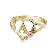 10k and 14k gold women's custom initial ring with a textured heart frame design.