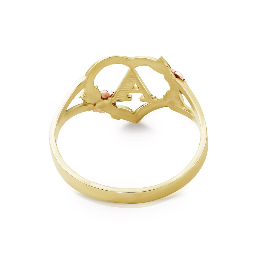 Rear view of two-tone gold personalized letter A ring with openwork heart details.