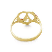 Rear view of two-tone gold personalized letter A ring with openwork heart details.