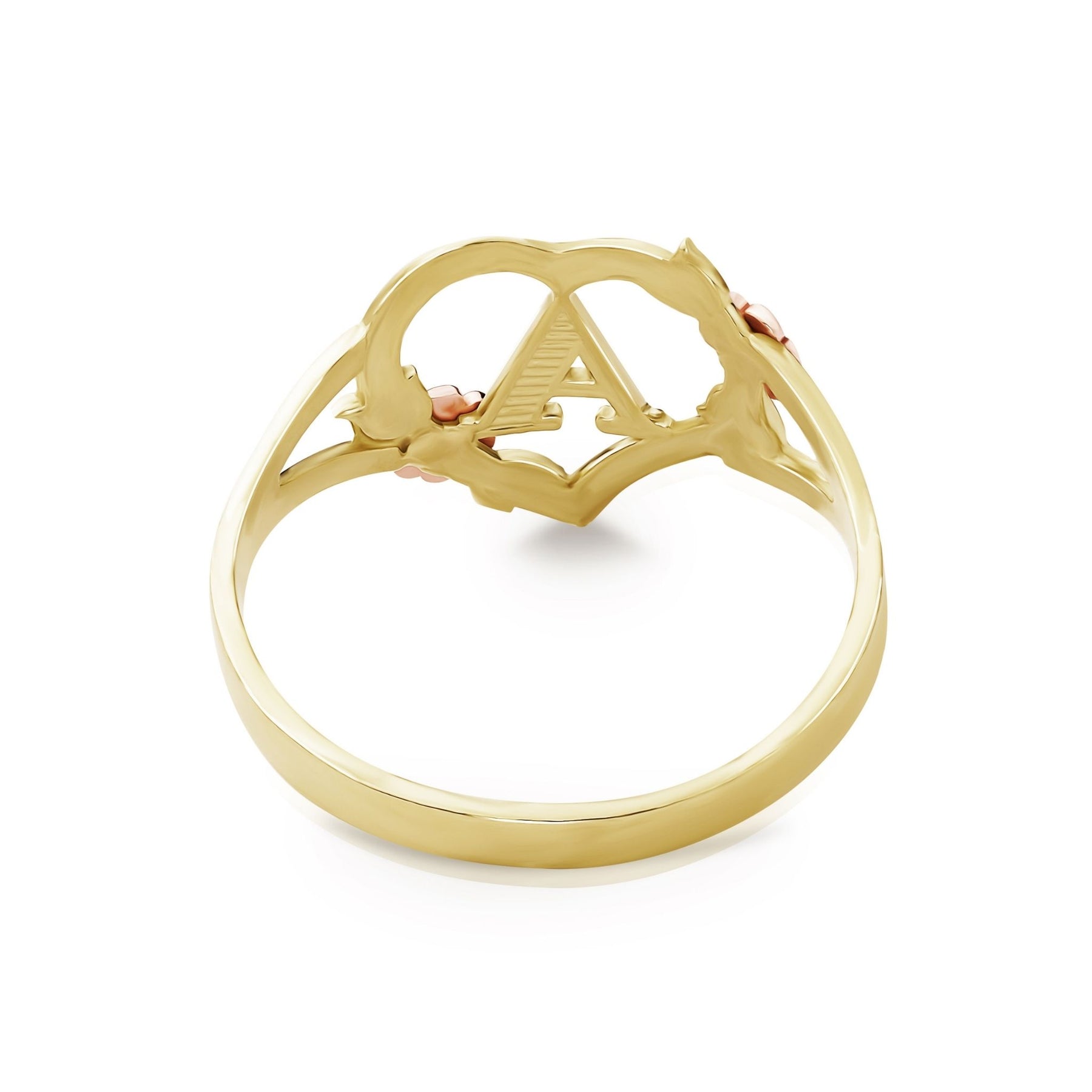 Rear view of two-tone gold personalized letter A ring with openwork heart details.