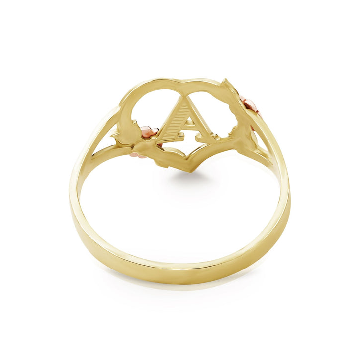 Rear view of two-tone gold personalized letter A ring with openwork heart details.