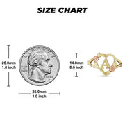 Two-tone gold letter A ring size guide with millimeter measurements and coin comparison.