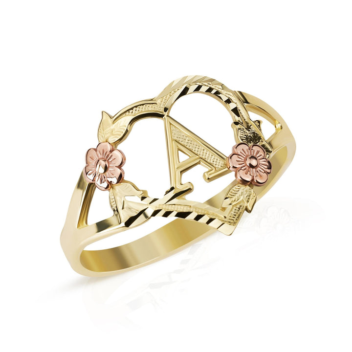 Two-tone gold ring featuring a diamond-cut initial A inside a rose gold floral heart.