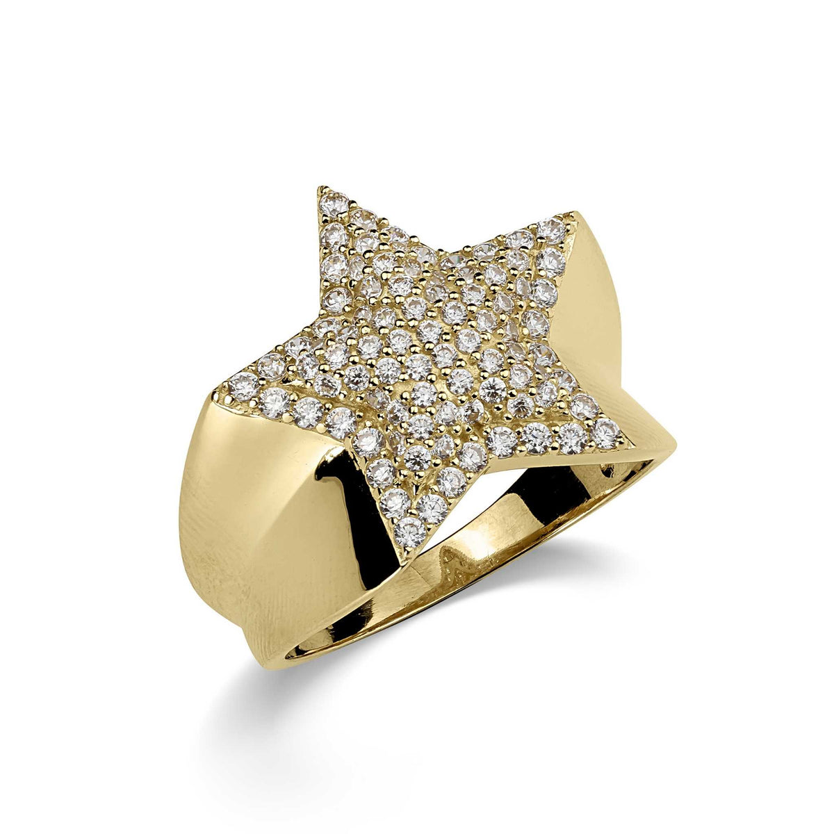 Angled close-up of a gold star-shaped ring encrusted with clear cubic zirconia stones.