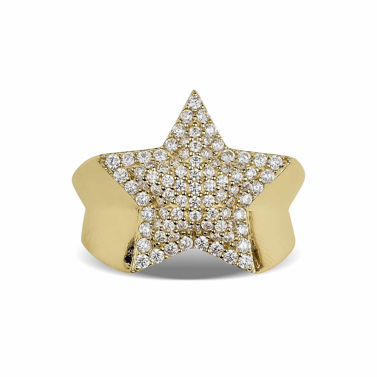 Front view of a gold star-shaped ring filled with pavé-set cubic zirconia.