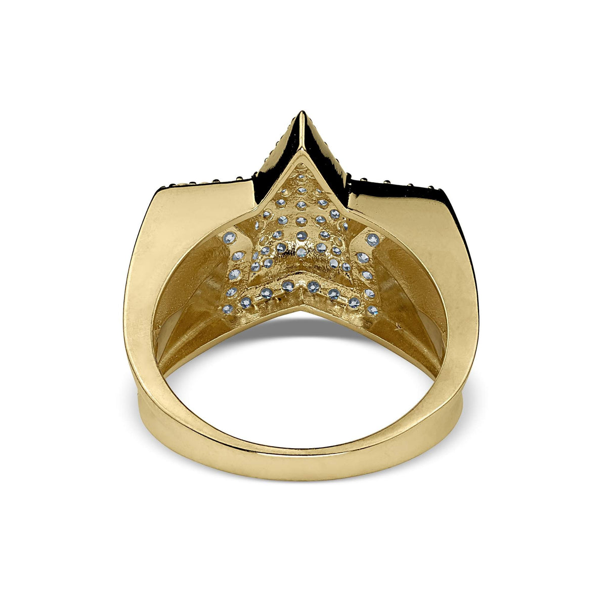 Back view of a gold star-shaped ring showing the textured undercarriage details.