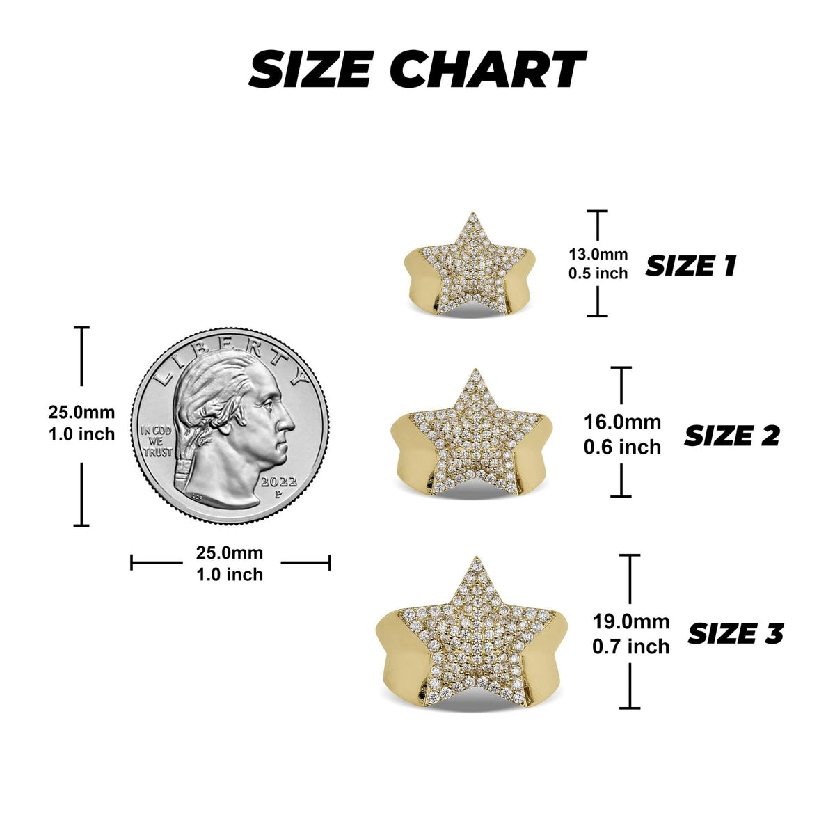 10k 14k gold iced star shaped CZ ring millimeter size chart dimensions.