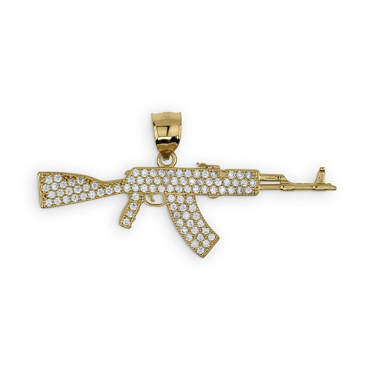 A gold AK-47 rifle pendant studded with sparkling clear cubic zirconia stones.