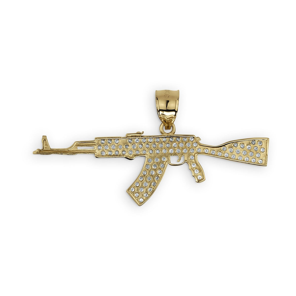 An iced 10k or 14k gold AK-47 pendant showing a solid, polished back.