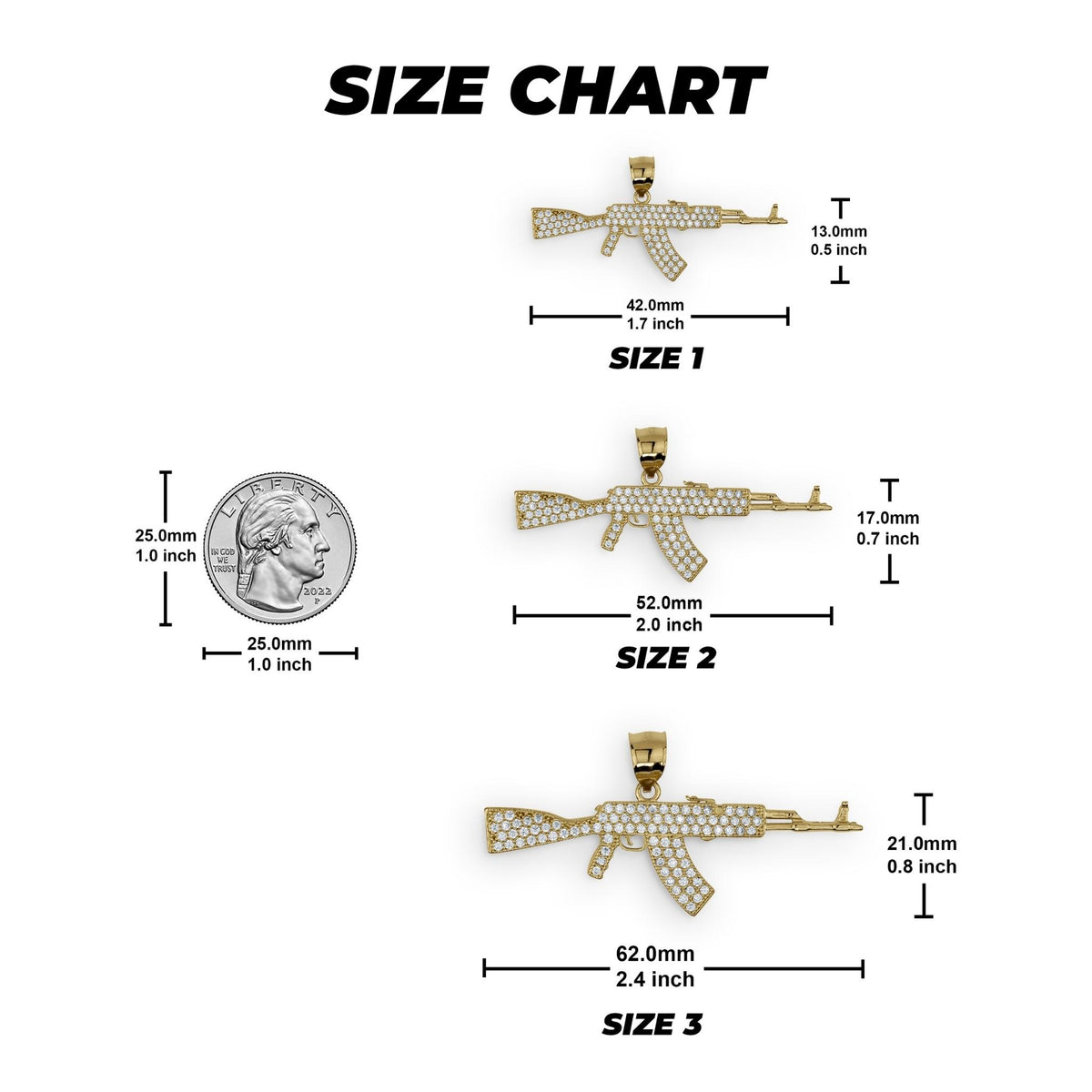 Size chart infographic displaying dimensions for Size 1, Size 2, and Size 3 pendants.