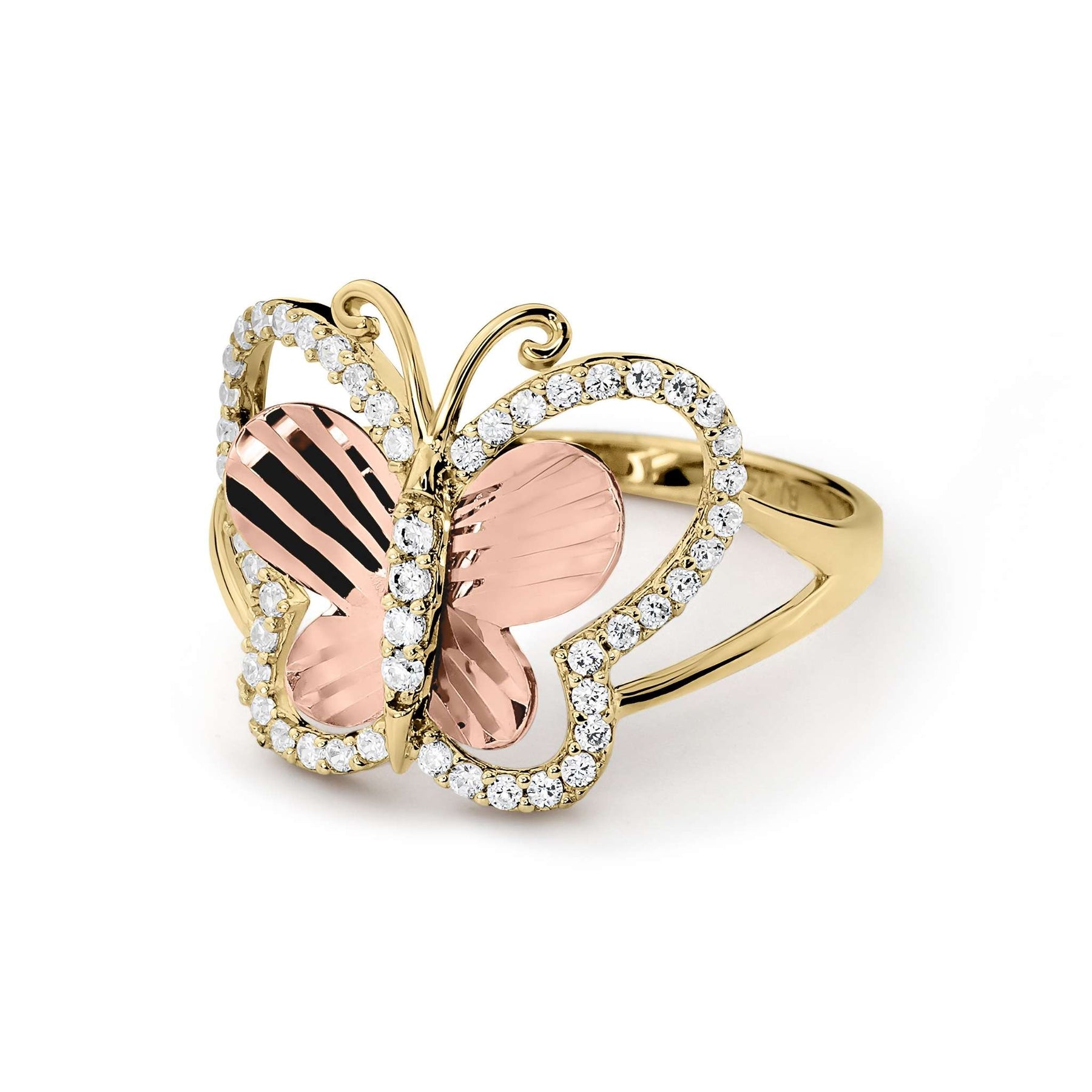 Side profile of gold butterfly ring showcasing the split shank and curved wing design.