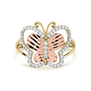 Front close-up of gold butterfly ring featuring textured rose gold wings and CZ borders.