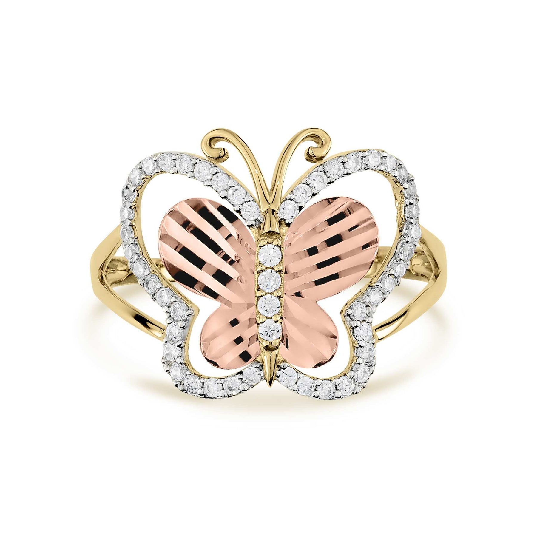 Front close-up of gold butterfly ring featuring textured rose gold wings and CZ borders.