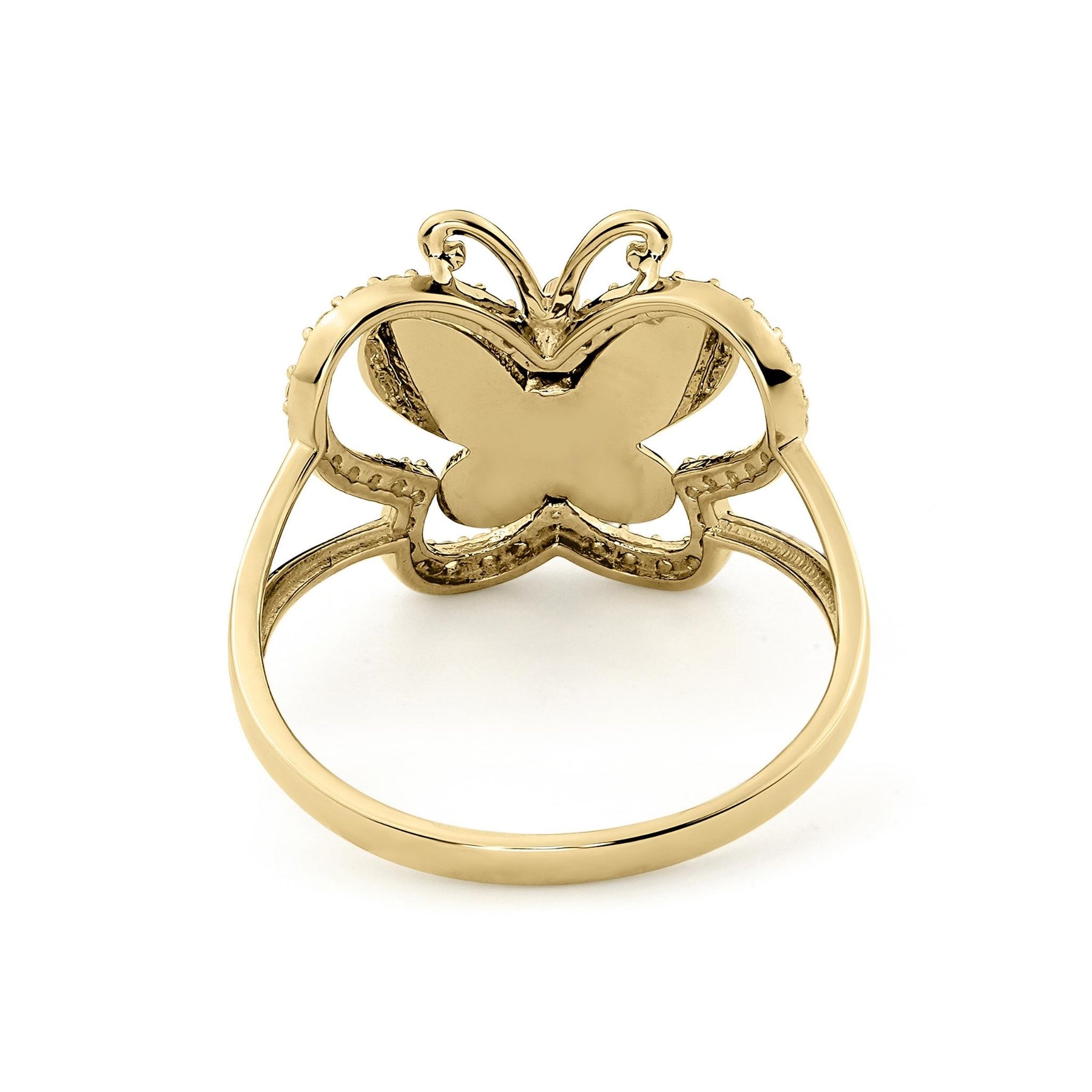 Rear view of 14k yellow gold Leir butterfly ring highlighting the hollow wing structure.