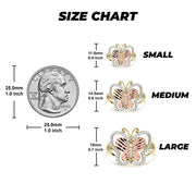 Gold Leir butterfly ring size chart showing millimeter and inch dimensions with a quarter.