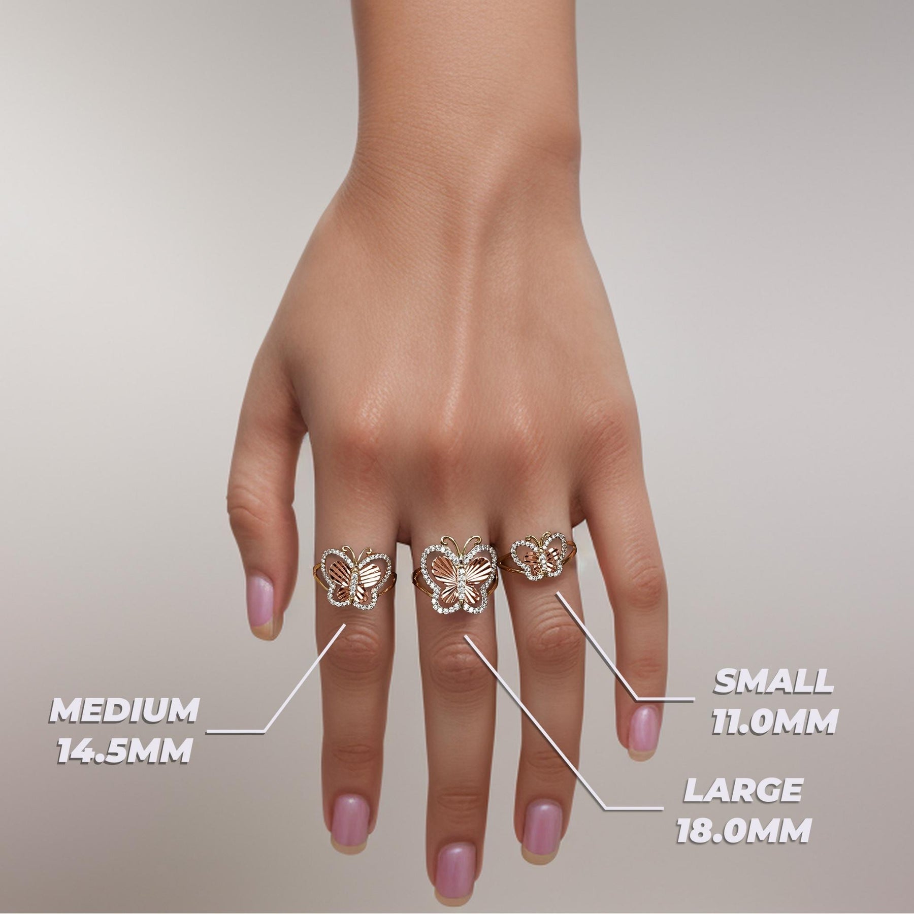 Gold Leir butterfly ring size comparison guide on a model's hand with dimensions.