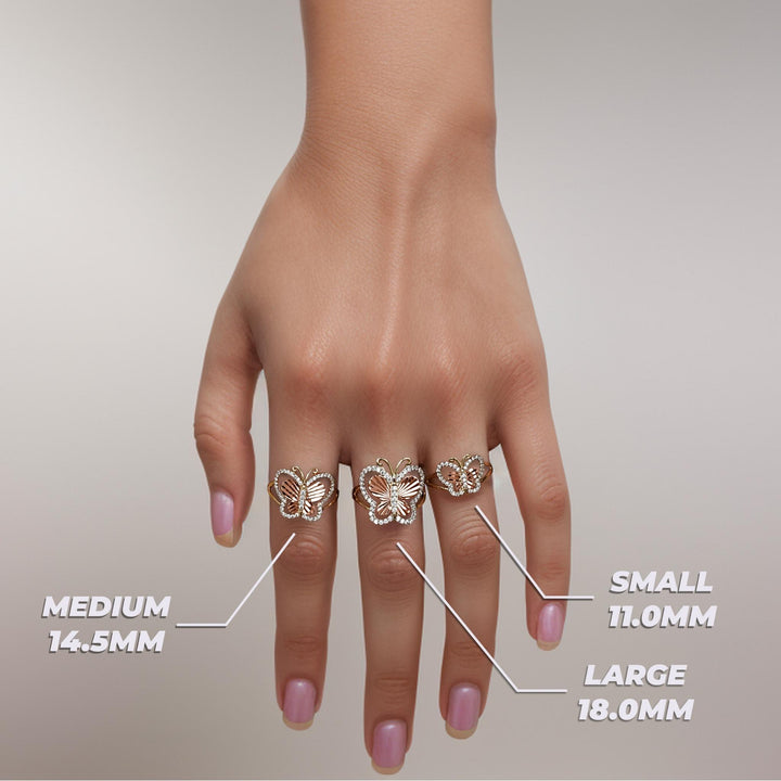 Gold Leir butterfly ring size comparison guide on a model's hand with dimensions.