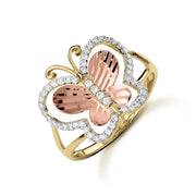 Two-tone gold butterfly ring with rose gold textured wings and cubic zirconia borders.