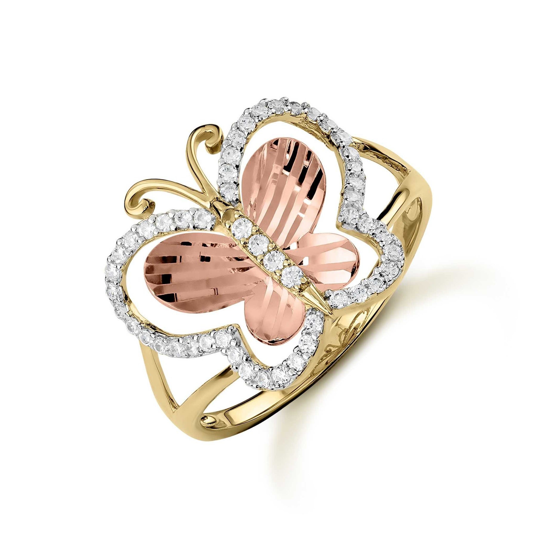 Two-tone gold butterfly ring with rose gold textured wings and cubic zirconia borders.