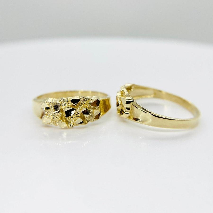 Two 10k - 14k Gold Lene Oli Slim Nugget Ring features an intricate texture design front view and side view