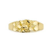 Textured yellow gold slim nugget ring centered on a solid white background.